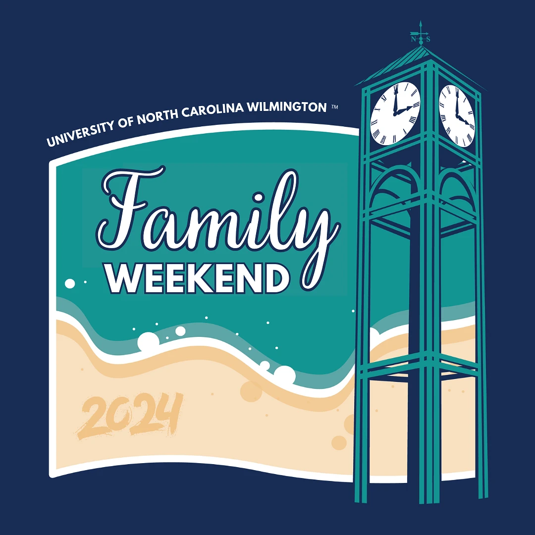 A graphic design promoting the 2024 Family Weekend at UNCW featuring waves of sand and a clock tower.