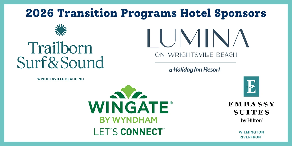 The image lists the 2026 Transition Program's hotel sponsors, including Trailborn Surf & Sound, Lumina, Wingate by Wyndham, and Embassy Suites.