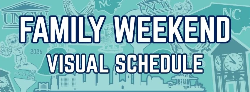 Family weekend visual schedule with cityscape and clock.